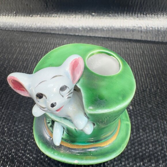 Vintage Small Mouse In Green Top Hat Toothpick Holder Ceramic Made In Japan VTG - Picture 9 of 9